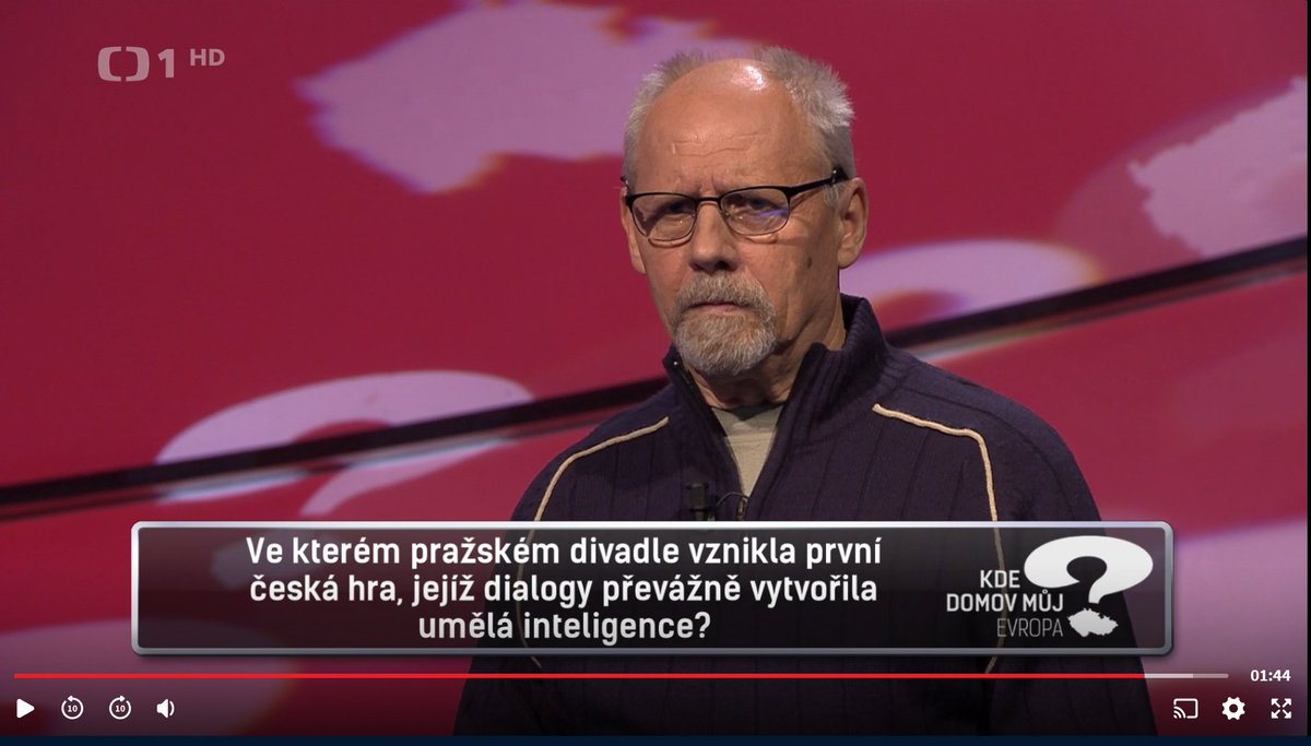 The almost AI-generated 🎭🤖 <a href="/theaitre/">THEAITRE</a> play made it to the <a href="/CzechTV/">Česká televize</a>'s game show Kde domov můj. 👍ceskatelevize.cz/porady/1126198… But why do they ask what theatre and not what institute worked on it? 🙃🤓 (The correct answer is <a href="/SvandovoDivadlo/">Švandovo divadlo</a>.)