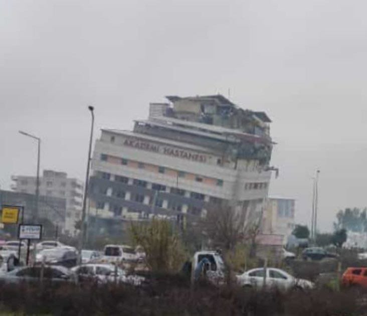 Several hospitals down (below), roads are split open, airports are shut. Thousands of residential buildings have collapsed on themselves. It's a nightmare. #TurkeyEarthquake