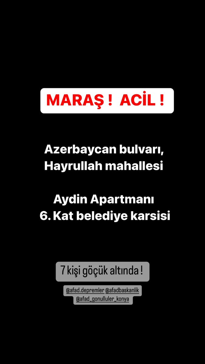 Enkaz altında zor nefes alıyoruz dediler, afad oraya yetişememiş lütfen yardım edin!!! 7 kişilik bir aile, içlerinde çocuk var !! 
<a href="/doranavirus/">Dora'navirüs</a>  <a href="/Haydi_Ahbap/">Haydi Ahbap</a> <a href="/haluklevent/">Haluk Levent ( Ahbap Ekibi )</a> <a href="/DepremDairesi/">AFAD Deprem</a>