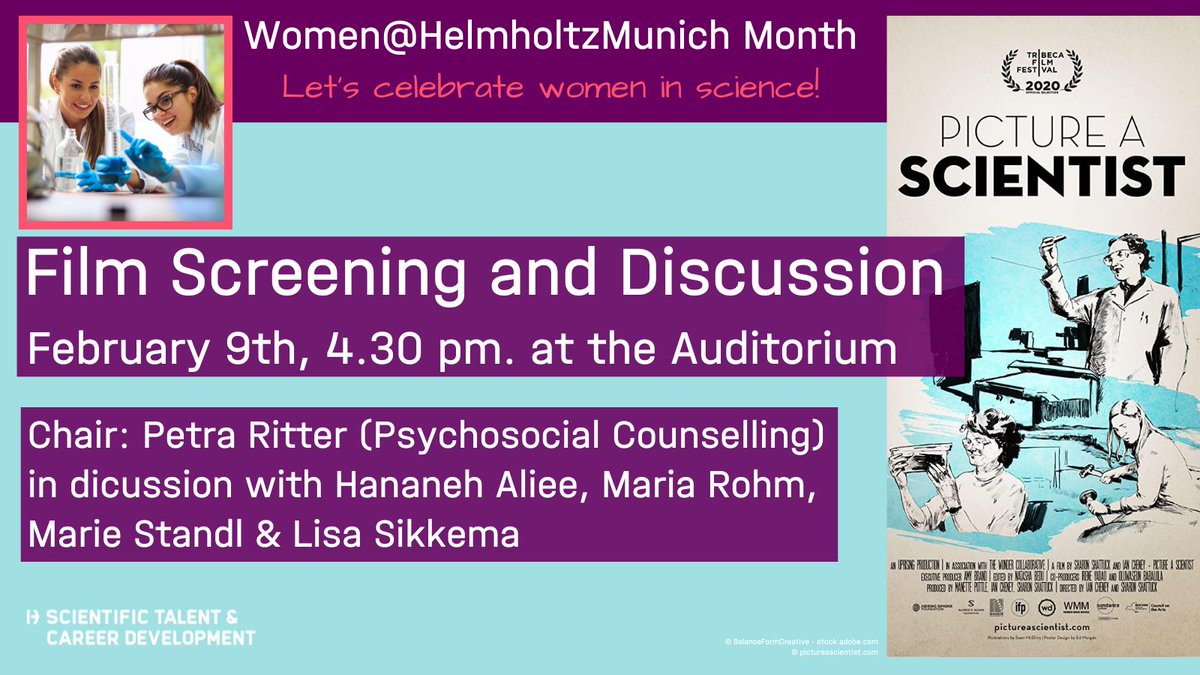 Health_talents's tweet photo. 🔜We start the #WomenatHelmholtzMunich Month with a kick-off event this week on Feb 9, 4.30pm for all @HelmholtzMunich members: 
🍿Join our #PictureaScientist film screening  &amp; discussion with @AlieeHana @RohmMaria @MarieStandl @SikkemaLisa! Register here: https://t.co/8IhZYCfGTT https://t.co/bstK6uIovK