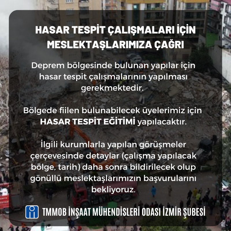 Hasar Tespit Çalışmaları İçin Meslektaşlarımıza Çağrı
Bölgede fiilen bulunabilecek üyelerimiz için  HASAR TESPİT EĞİTİMİ yapılacaktır.
Detaylar daha sonra bildirilecek olup gönüllü meslektaşlarımızın başvurularını bekliyoruz.
t.ly/2CeO