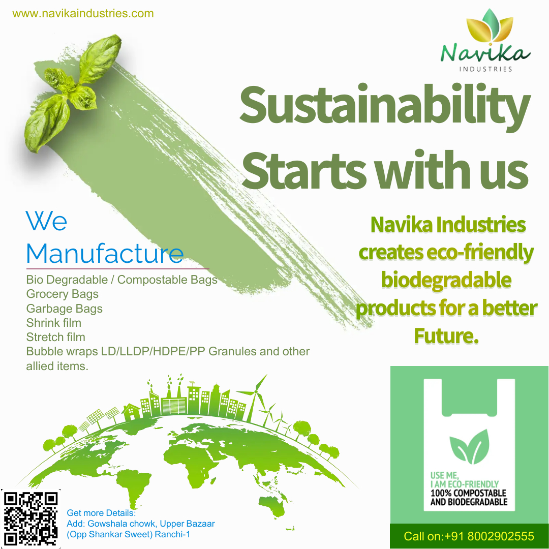Eco-Friendly and Sustainable Solutions for a Better Tomorrow.

Get more Details:

Email: navikaindustry@gmail.com
Call on: 8002902555
-

#gogreen #biodegradablebags #compostablebags #garbagebags #shrinkfilms #saynotoplastic #stopusingplastic #stopsingleuseplastic  #bubblewraps
