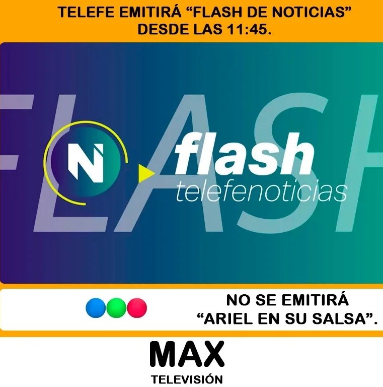 viewmaxar's tweet photo. #Telefe: emisión de #FlashDeNoticias desde las 11:45. No sale #ArielEnSuSalsa.
#Eltrece: emisión de #TeleflashTrece desde las 12:00. No sale #ElZorro.
#América: programa especial de 13 a 16hs. No sale al aire #Intrusos.
#JusticiaPorFernando. https://t.co/iTng8CVxwq