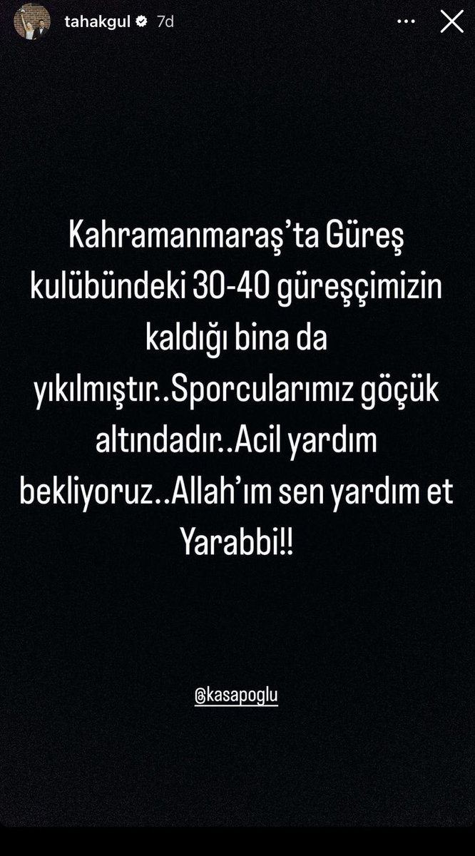AjansHaber_1903's tweet photo. Milli güreşçi Taha Akgül, Kahramanmaraş’ta 30-40 güreşçinin enkaz altında kaldığını belirterek, yardım çağrısında bulundu. https://t.co/OqFZXUTJlx