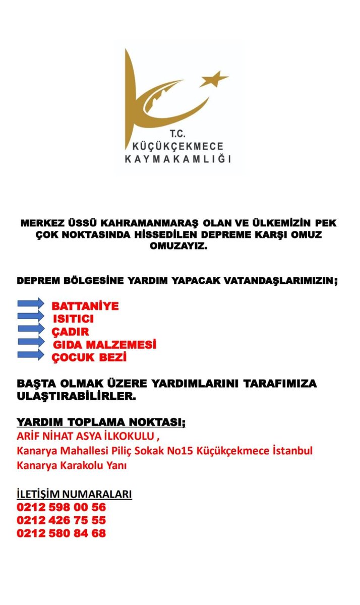 Merkez üssü Kahramanmaraş olan ve ülkemizin pek çok noktasında meydana gelen depreme karşı omuz omuzayız.
<a href="/KcekmeceKymklik/">T.C. Küçükçekmece Kaymakamlığı 🇹🇷</a>
