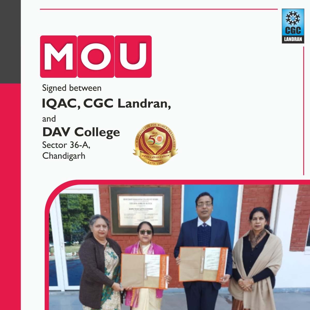 CGCPunjab's tweet image. We are happy to announce that IQAC, the Chandigarh Group of Colleges, Landran, and Mehr Chand Mahajan DAV College for Women, Sector 36-A, Chandigarh, have signed a Memorandum of Understanding.
#MOU #IQAC #CGCLandran #DAVCollege #Collaboration #AcademicAndAdministrativeActivities