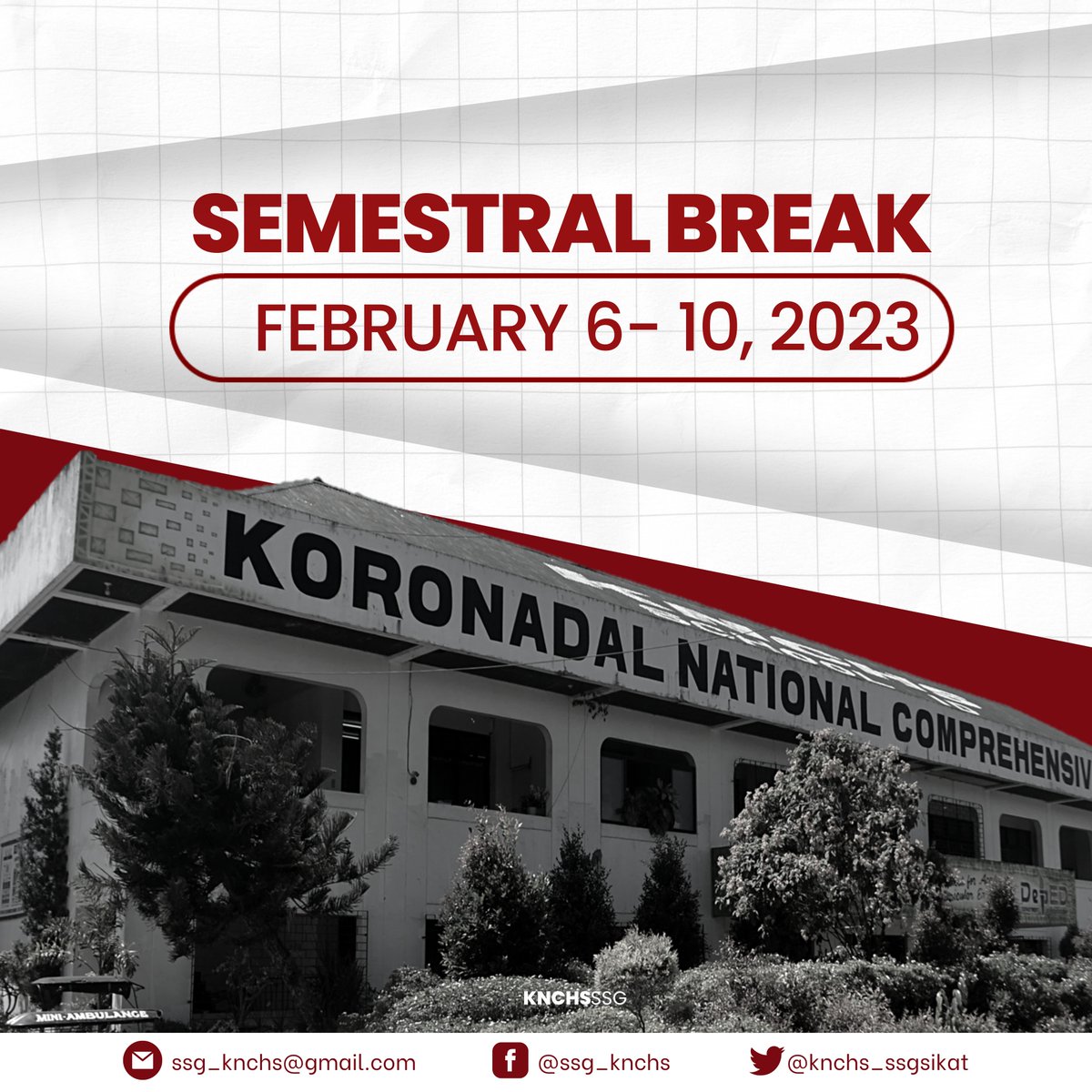 knchssslg's tweet photo. [ 𝗨𝗣𝗗𝗔𝗧𝗘𝗦 ]

Pursuant to Deped Order No. 34, s. 2022, semestral break starts on February 6, 2023 (Monday) and ends on February 10, 2023 (Friday). Resumption of classes will be on February 13, 2023 (Monday), the start of the Third Quarter Period.

#KNCHSSSGUpdates https://t.co/9TBnWVuPQB