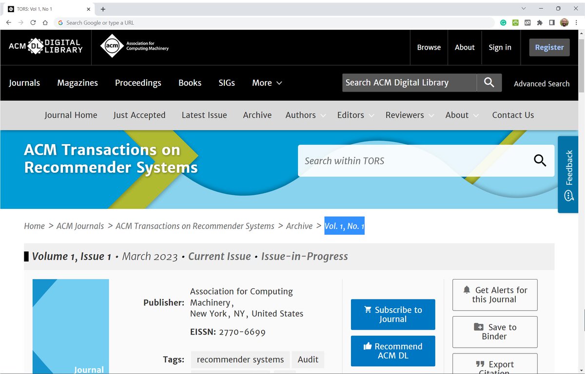 RecSys_c's tweet image. Congratulations @ACM_TORS,  @TheOfficialACM, and all authors: Issue 1, Volume 1 of the #RecSys journal is published! Directly to the issue: dl.acm.org/toc/tors/2023/… Or to our Blog Post: recommender-systems.com/news/2023/02/0… #RS_c #ACM_TORS #ACM