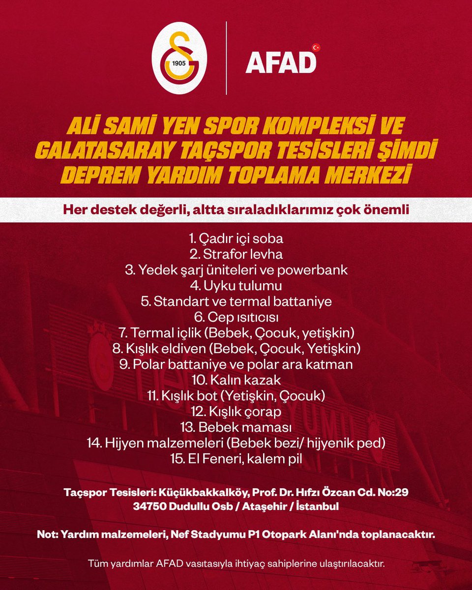 Galatasaray Spor Kulübü olarak, depremden etkilenen tüm vatandaşlarımızın yanındayız. Yardım kampanyamızın detayları için 👉 galatasaray.org/haber/kulup/de…