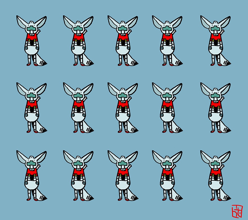 kemomimi-chan (naga u) blue background animal ears shirt simple background skirt fox ears standing  illustration images
