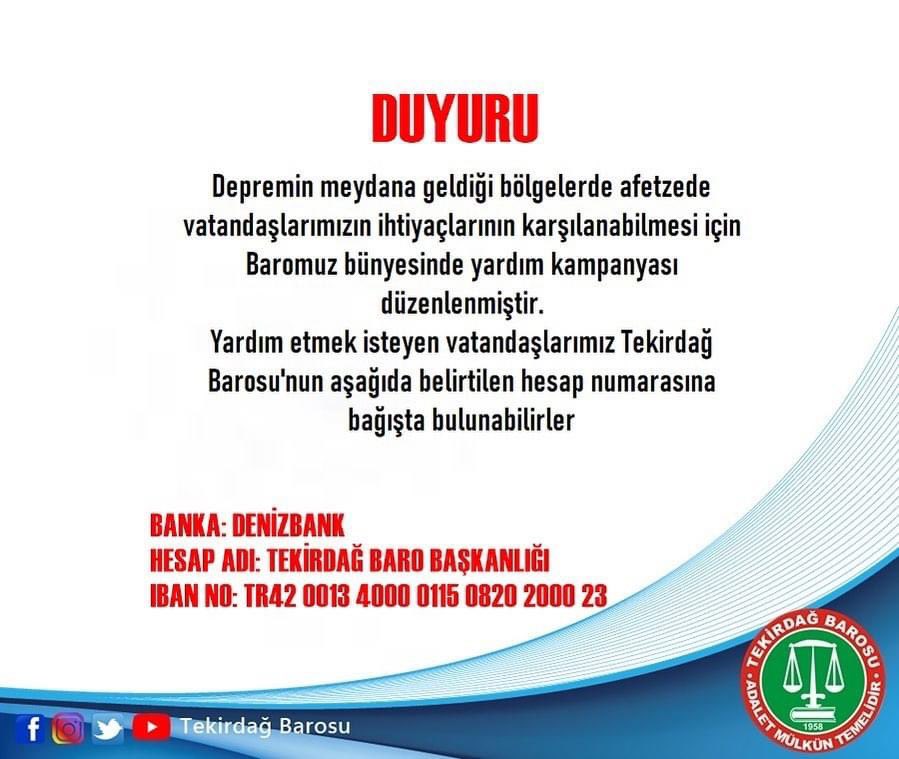 ayanayatros's tweet photo. Depremin meydana geldiği bölgelerde afetzede vatandaşlarımızın ihtiyaçlarının karşılanabilmesi için destek hesabımızı paylaşıyorum. Hesap adı: Tekirdağ Baro Başkanlığı, Denizbank TR42 0013 4000 0115 0820 2000 23 @Tekirdag_Barosu @EgemenGurcun https://t.co/rDZNOkk9Il