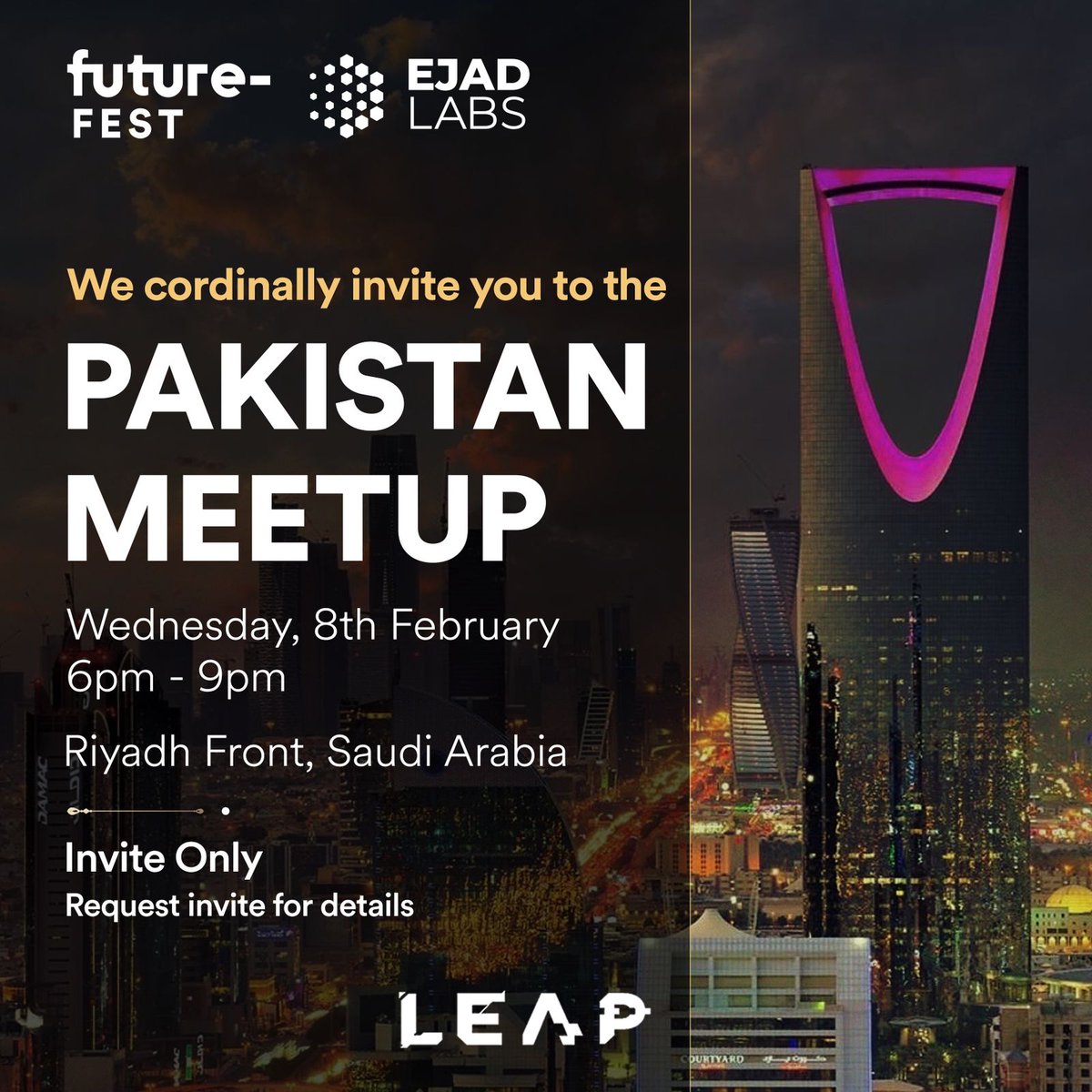 Join us at the Pakistan Meetup connecting the leading companies from Saudi Arabia, Pakistan, and more, taking place on 8 Feb, 6pm at Riyadh Front on the sidelines of @LEAPandInnovate.

Request an invite here:
airtable.com/shrdQBoyFcG6s0…

Organized by @EjadLabs

#gatewaytosaudi