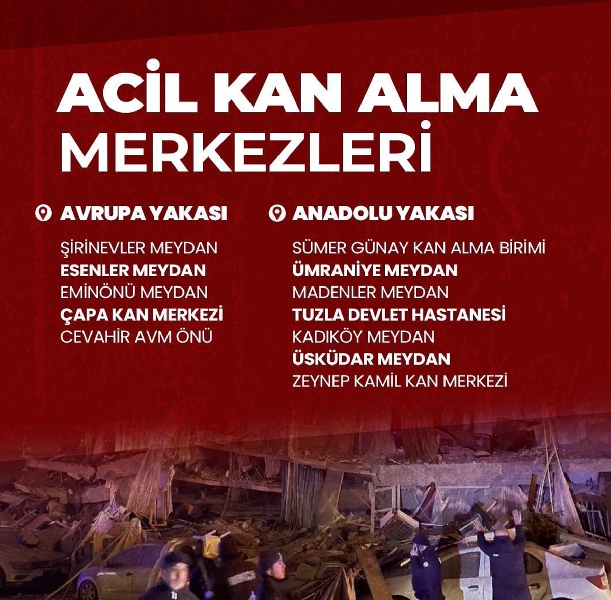 dincerguner's tweet photo. Kizilay acil kan alma merkezleri
Deprem bolgesine destek icin
Istanbul Avrupa ve Anadolu yakasi
Kan alma merkezleri https://t.co/oIvZSCkjtW
