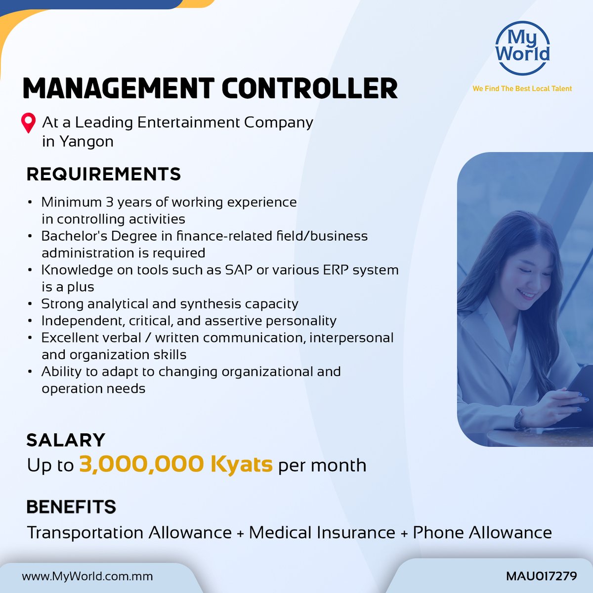 MyWorld_Myanmar's tweet photo. #Hiring in #Yangon

Position -  #ManagementController at a Leading Entertainment Company  
Salary - Up to 3,000,000 Kyats per month
#Job Link - https://t.co/82sqVHSIC8 
  
Email - support@myworld.com.mm 

#vacancies #jobs #ApplyNow #JobOpportunity https://t.co/VLoomOC9At