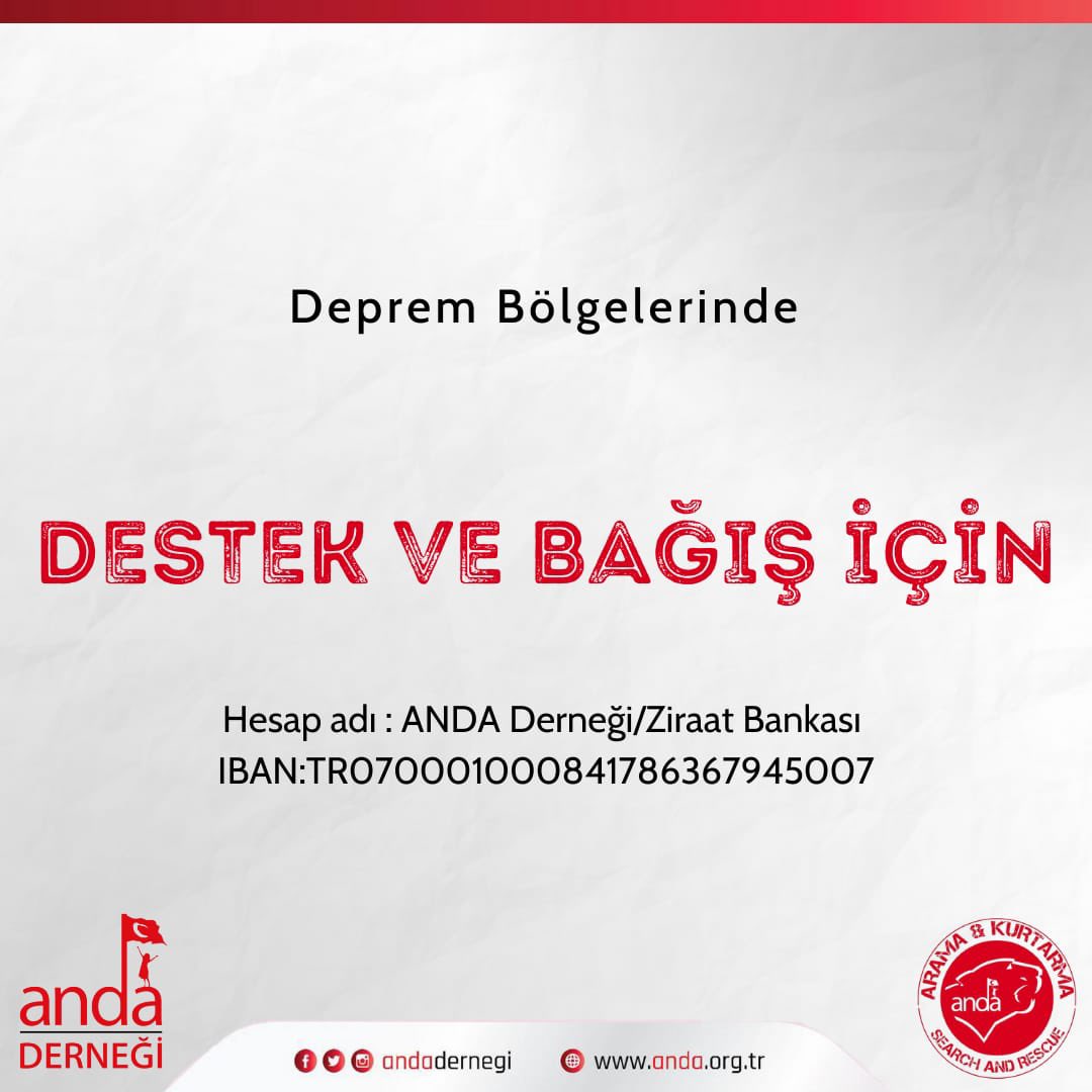 Ülkemizde yaşanan olağanüstü depremin yaralarını sarmak için tüm ekiplerimiz yola çıkmıştır. 

Nakdi yardımda bulunmak isteyenler için 

İban bilgisi ⤵️

Hesap adı : ANDA Derneği/Ziraat Bankası 
IBAN: TR070001000841786367945007

#deprem