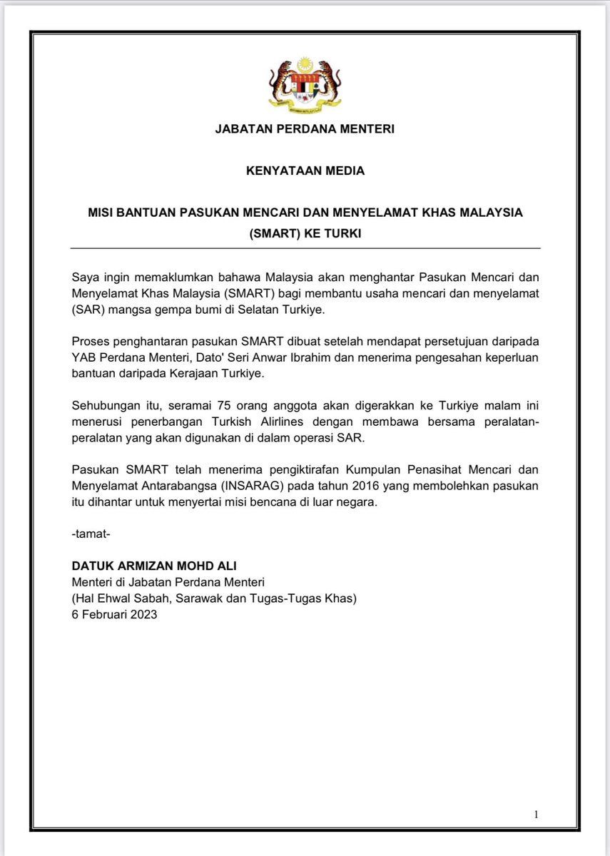 Bernama_Radio's tweet photo. Seramai 75 orang anggota Pasukan Mencari Dan Menyelamat Khas Malaysia akan digerakkan ke Turkiye malam ini menerusi penerbangan Turkish Alirlines dengan membawa bersama peralatan-peralatan yang akan digunakan di dalam operasi SAR - @mynadma 

#BernamaRadio
#UntukAnda https://t.co/0OEB4hgulu