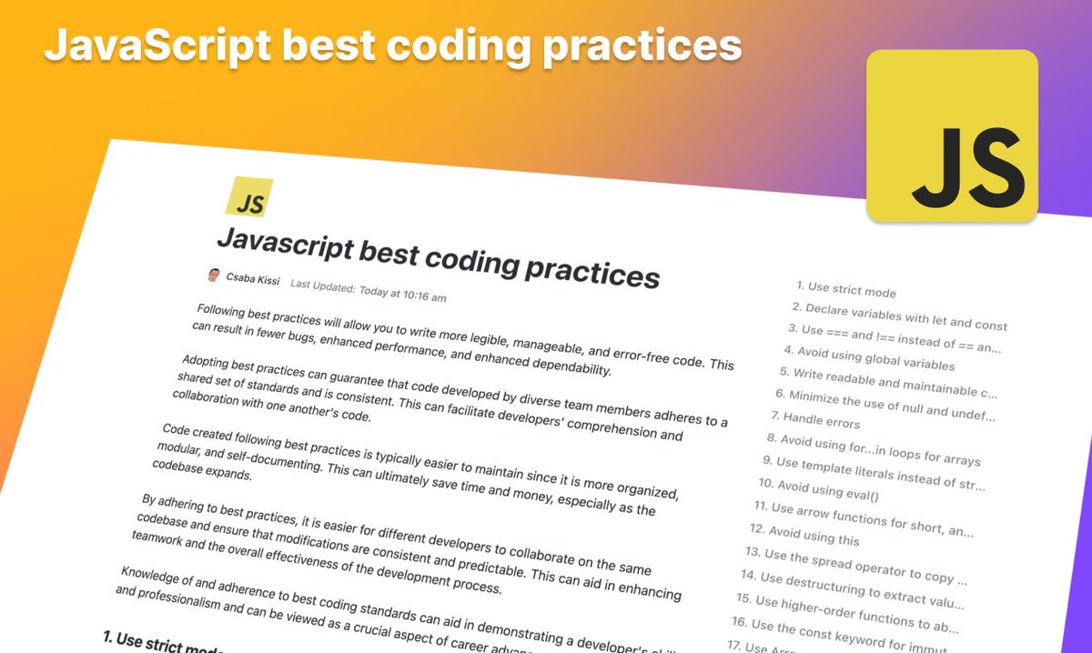 csaba_kissi's tweet image. I collected the best JavaScript coding practices you should follow to make your code clean.
Enjoy! Link below👇