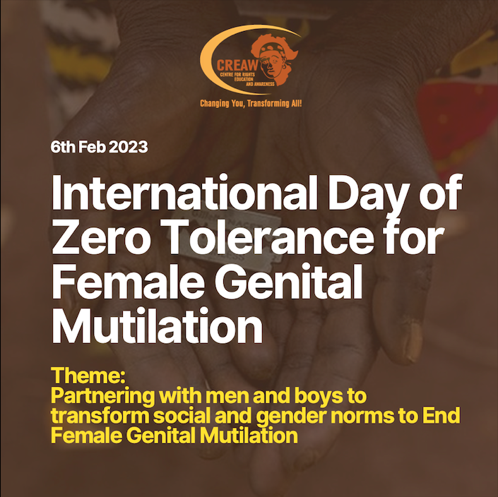 CREAWKenya's tweet photo. According to the UN, close to 4.3 million girls will be at risk of FGM in 2023. Let's join hands on this day of zero tolerance for FGM to eradicate this harmful practice and protect the rights of women and girls. 
#EndFGM #MenEndFGM https://t.co/F5LVEOoUts
