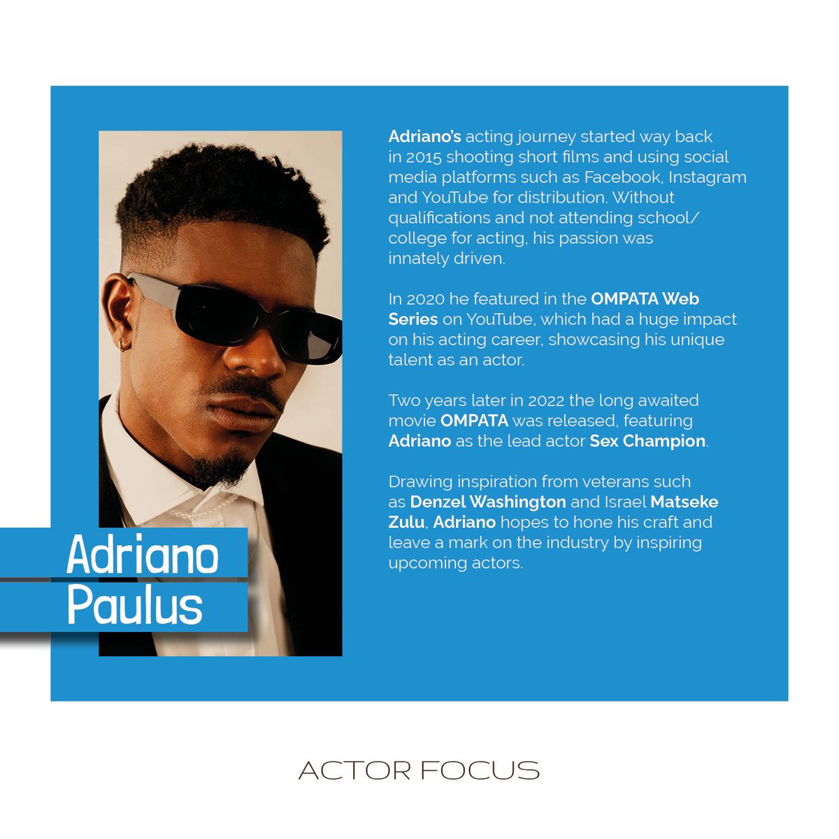 Namibia_F_C's tweet image. Introducing our February Actor Focus- Adriano Paulus or as you know him Sex Champion.📌

Adriano will be sharing his journey, favorite roles and so much more in this month’s #actorfocus feature with NFC.

#actorfocus #namibianactors #namibianstories #namibiafilmcommission