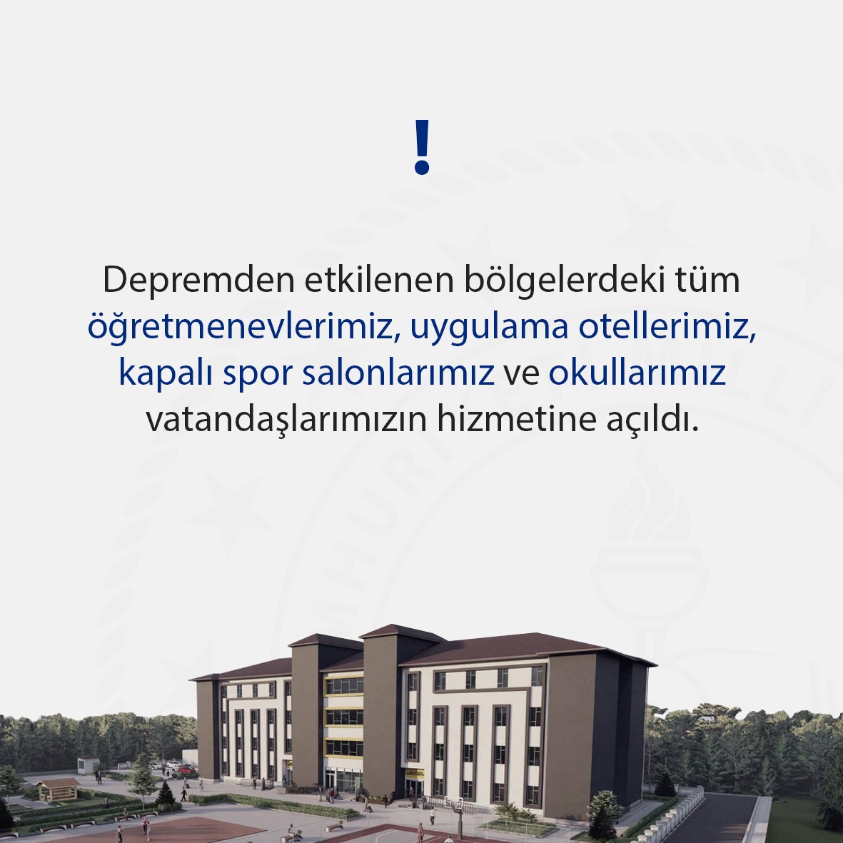 Depremden etkilenen bölgelerdeki tüm öğretmenevlerimiz, uygulama otellerimiz, kapalı spor salonlarımız ve okullarımız vatandaşlarımızın hizmetine açıldı. #deprem

@bilgehanbayar38 <a href="/tcmeb/">Millî Eğitim Bakanlığı</a> <a href="/mugla_mem/">Muğla İl Millî Eğitim Müdürlüğü</a> <a href="/emrecay55/">Emre ÇAY</a> <a href="/AldalBulent/">Bülent Aldal</a>
