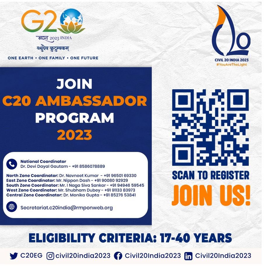C20EG's tweet photo. #Civil20India team held its 1st meeting with Ambassadors selected under the #C20 Ambassador program where youth from all over the country attended and discussed about upcoming activities and plan under #C20Ambassadorprogram https://t.co/P4HHlDZQ19