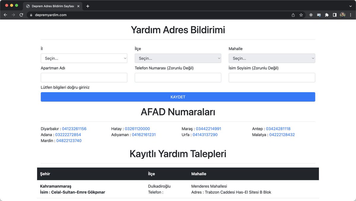 Zafer Ayan (@zaferayan) on Twitter photo Antalya Developer Topluluğundan <a href="/slymn_ozcan/">Süleyman ÖZCAN 🇹🇷</a> yardım numaraları için 1.5 saat gibi bir sürede bir site geliştirmiş. Ulaşamadığınız kişileri sisteme kaydedebilirsiniz:
depremyardim.com Antalya Developer Topluluğundan <a href="/slymn_ozcan/">Süleyman ÖZCAN 🇹🇷</a> yardım numaraları için 1.5 saat gibi bir sürede bir site geliştirmiş. Ulaşamadığınız kişileri sisteme kaydedebilirsiniz:
depremyardim.com