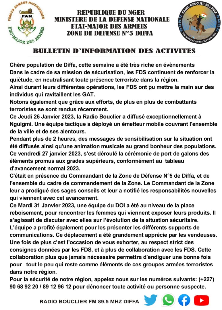 RadioBouclier's tweet photo. Bulletin des activités de la semaine du 23 janvier au 5 février 
#Diffa #Niger #sécurité #radiobou https://t.co/lXPUDpvbXa