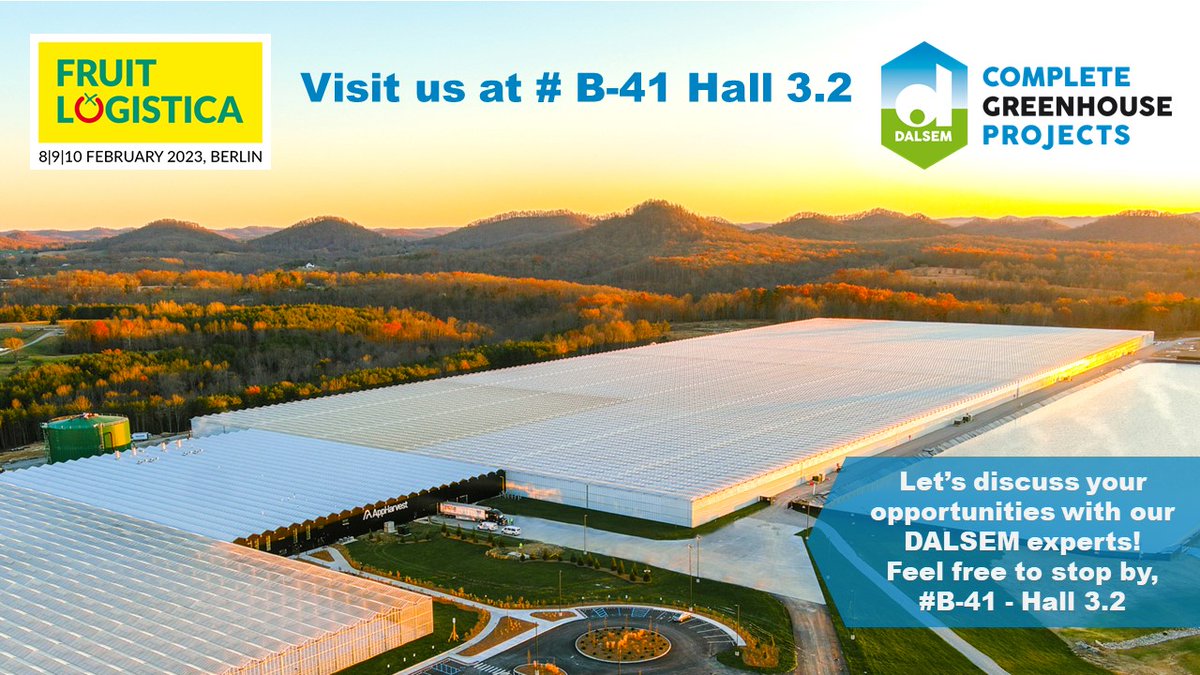 Join us at <a href="/Fruit_Logistica/">🍉 FRUIT LOGISTICA 🍏</a> Berlin 8-9-10 Februari and let's discuss your opportunities with DALSEM Complete Greenhouse Projects!  

You can find us at # B -14 Hall 3.2

#DALSEM #FruitLogistica #DutchPavilion #Complete #Greenhouse #Projects