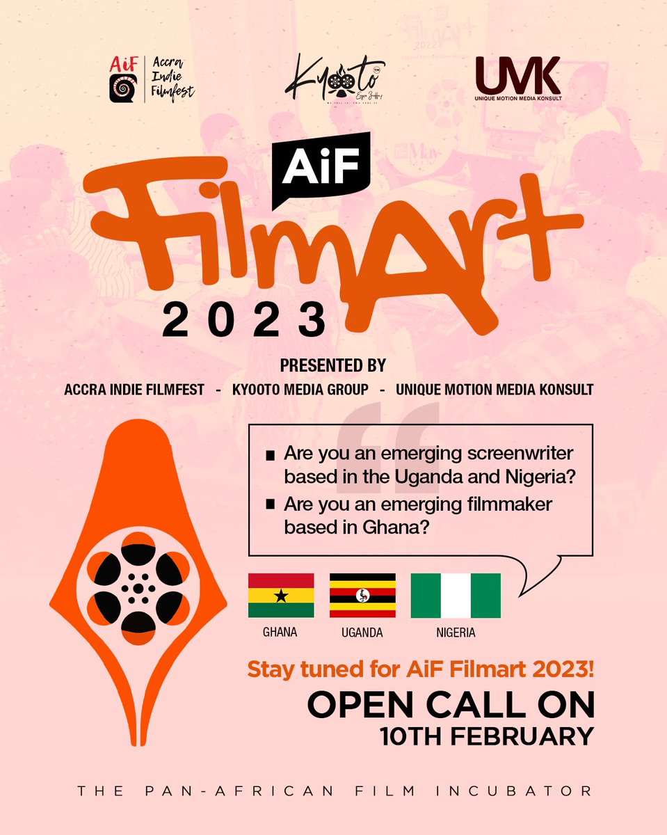 kyootomediaug's tweet photo. At Kyooto 🔥 we are excited to announce our partnership with @accraindiefilm1 - AiF together with Unique Motion Media Konsult for this year's edition of the #film #incubator program AiF #FilmArt 2023 happening in #Ghana, #Nigeria and #Uganda

Stay tuned for more information. https://t.co/ctEalrybgP