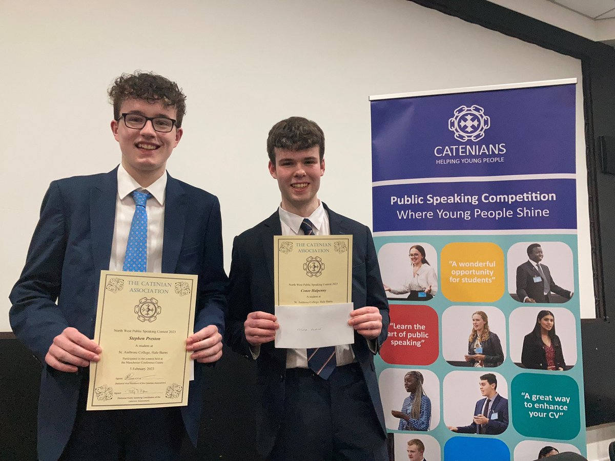 StAmbroseColl's tweet photo. We're very proud of 6th form students Connor H & Stephen P who attended the @TheCateniansUK National Public Speaking Contest yesterday, held at Mcr CC.
Amongst a high calibre field the boys did fantastically well, with Connor scooping 3rd place overall.
Congratulations boys! https://t.co/JC4KLomyu5