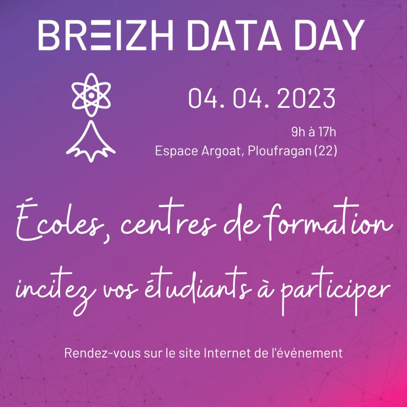 🎓 Participer au #Breizhdataday, c'est l'occasion :
- d'enrichir ses connaissances
- d'écouter des témoignages
- de concrétiser son projet
- de construire son réseau
- de trouver un employeur

📅 RDV le 4 avril 2023 à Ploufragan

👉 Inscription gratuite : breizhdataday.github.io