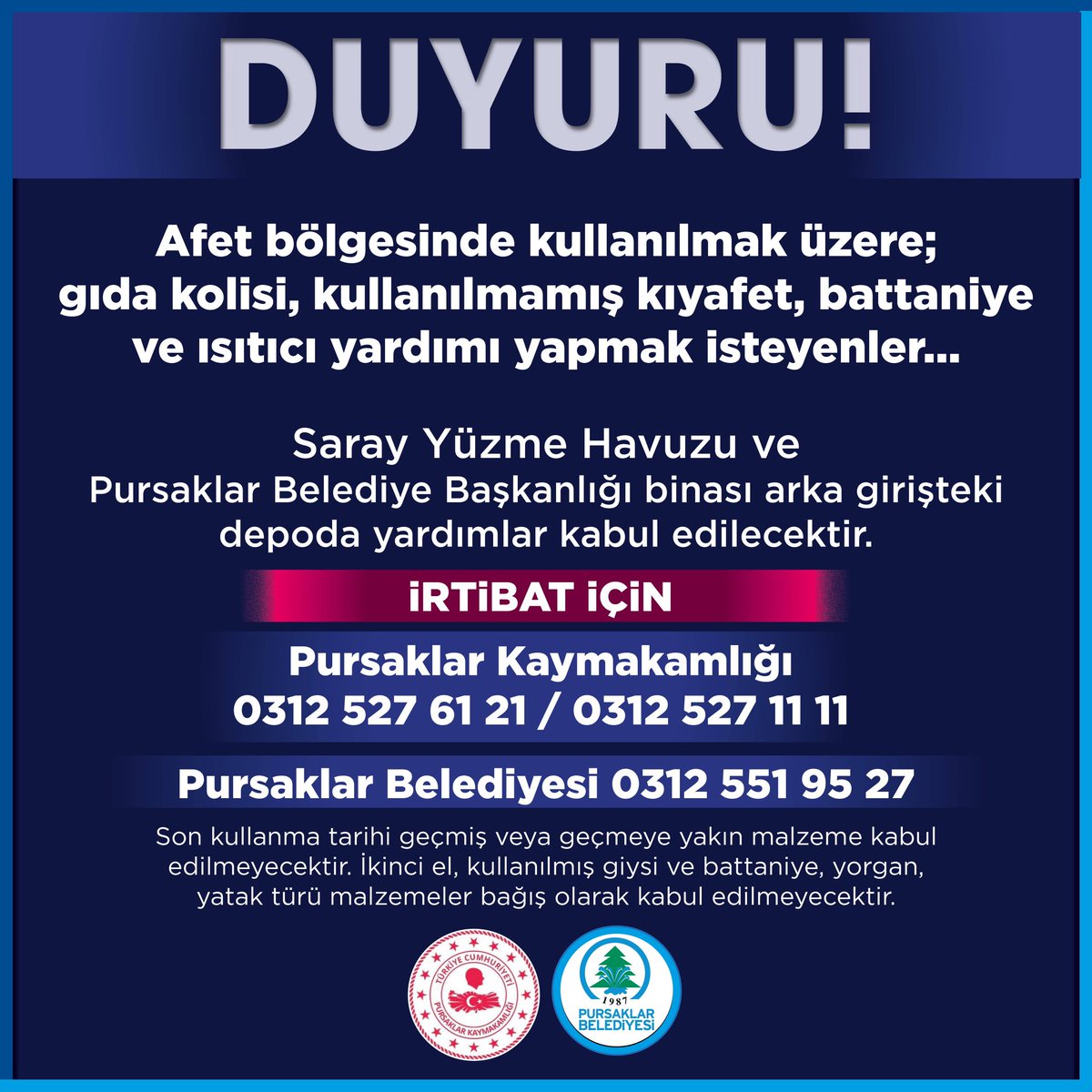 Pursaklar Kaymakamlığı ve Pursaklar Belediyesi depremzedeler için yardım kampanyası…
Yaralarımızı birlikte saracağız.
<a href="/suleymansoylu/">Süleyman Soylu</a> <a href="/myildiz007/">Mehmet Yıldız</a> #deprem #YARDIM