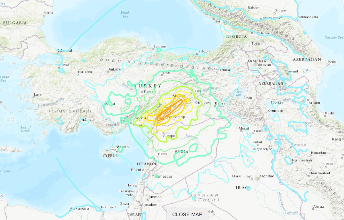 Honderden slachtoffers door zware aardbeving van M7.8 in Turkije. Bron afbeelding: USGS onweer-online.nl/forum/topic/48… #Turkije #Syrië #aardbeving