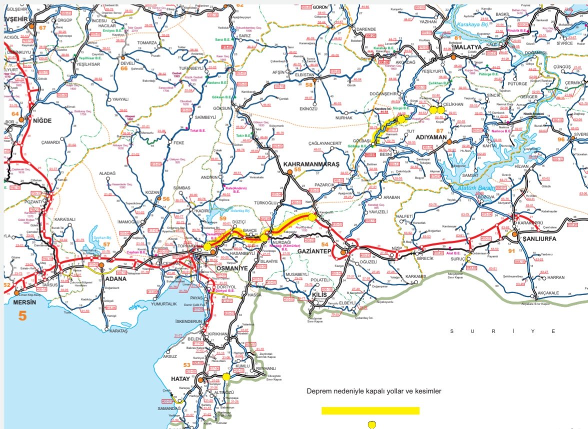 Deprem Nedeniyle Kapanan Yollar ve Alternatif Güzergâhlara İlişkin Türkiye Haritası⤵️