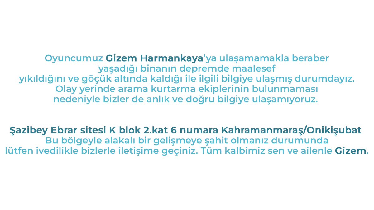Kalbimiz seninle Gizem

Lütfen gerekli mercilere yardım için ulaştıralım. Lütfen aldığınız en ufak haberi bizlerele paylaşın. #deprem