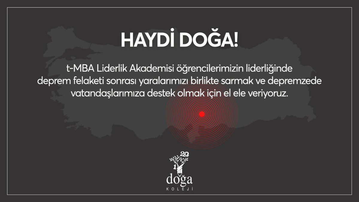 HAYDİ DOĞA!
Doğa Koleji ailesi olarak deprem felaketi sonrası yaralarımızı birlikte saralım, depremzede vatandaşlarımıza destek olalım. Bilgi için; dogakoleji.k12.tr/doga-dan-haber…