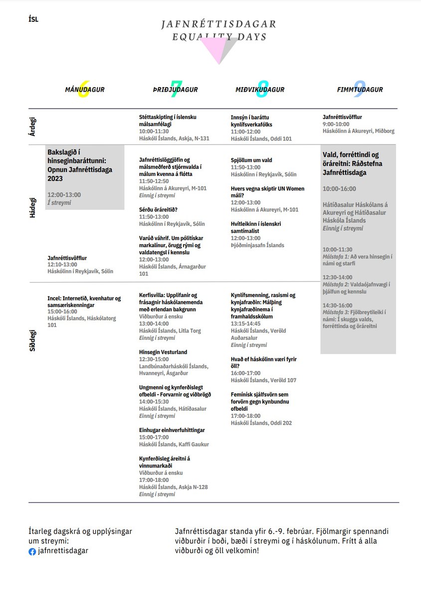 . <a href="/Jafnrettisdagar/">Jafnréttisdagar / Equality days</a> háskólanna hefjast í hádeginu í dag og þeir standa alla vikuna. Við hvetjum ykkur til að kynna ykkur spennandi dagskrá hér að neðan / The Equality Days are starting today. It is the largest collaborative project among Icelandic universities.