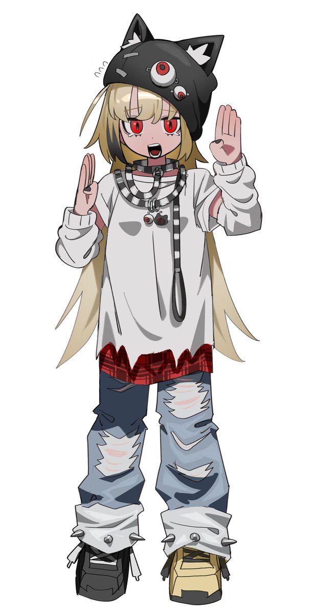 1girl solo red eyes pants torn pants torn clothes long hair  illustration images