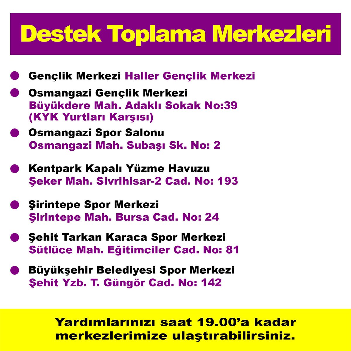 YARALARIMIZI BİRLİKTE SARIYORUZ!

Kahramanmaraş ve Gaziantep’de gerçekleşen ve büyük bir yıkıma sebep olan deprem sonrası Eskişehir olarak bölgeye yardım elimizi uzatıyoruz.
