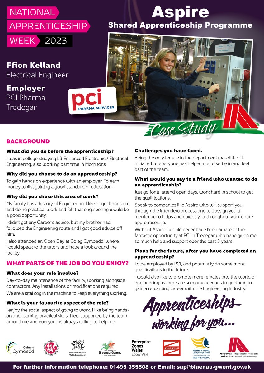 To celebrate National Apprentice Week 2023 find out about our apprentice Ffion Kelland, Electrical Engineer at PCI Pharma Services. Interested in the Aspire Blaenau Gwent Shared Apprenticeship Programme? call 01495 355508 for further info. #NAW2023 @ColegyCymoedd @PCI_Social