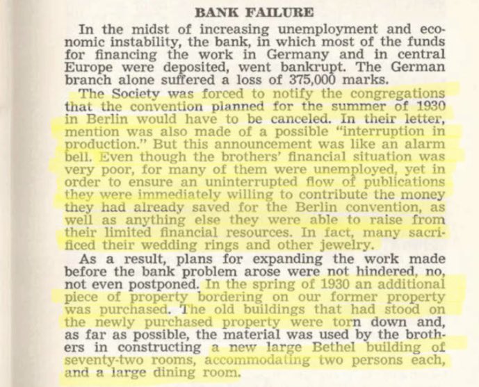Larchwood20's tweet image. In 1930 God’s channel wrote to the congregations to declare financial woes could lead to an interruption in production of literature. What did they do when the poor Bible students sold everything they had to raise funds?  They bought property!  Sound familiar?  -Yearbook 1974