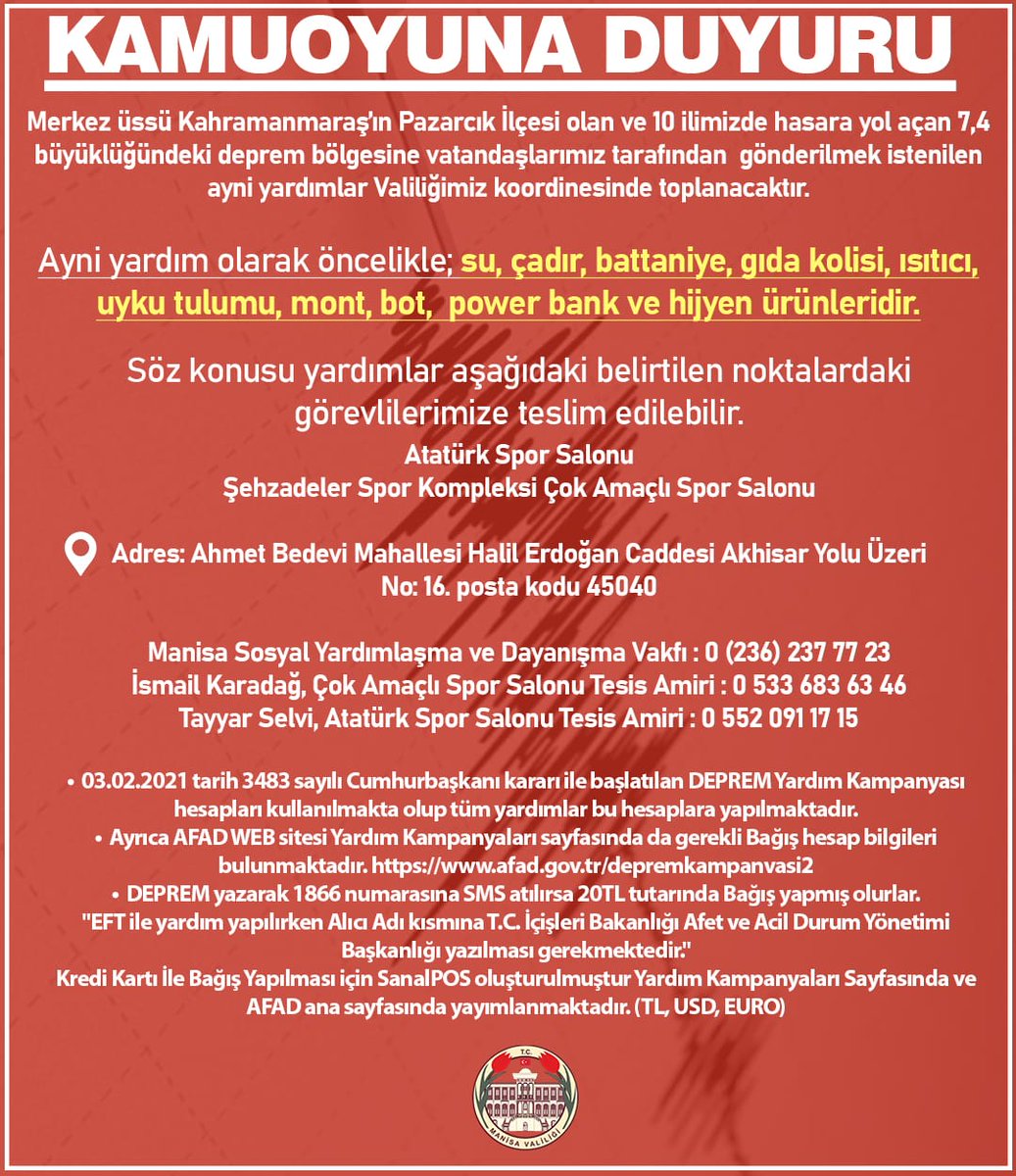 Kahramanmaraş ve Çevre İllerde Hissedilen Depreme İlişkin Basın Açıklaması