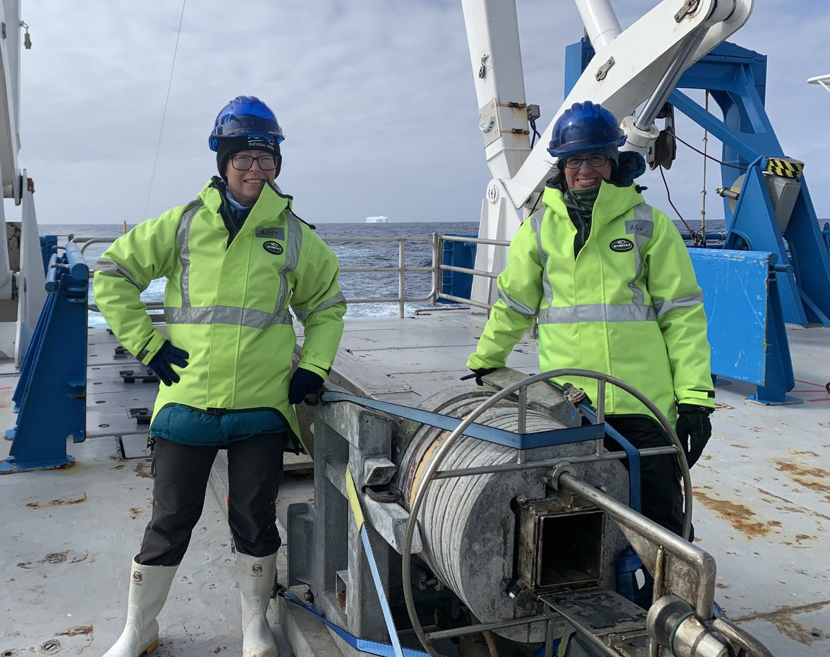 Getting ready for the first kasten core! Hoping for lots of mud to reveal past changes in the Cape Darnley region. @post_alix @HelenBostock5 testing out the Antarctic gear. With iceberg in the background. #RVInvestigator