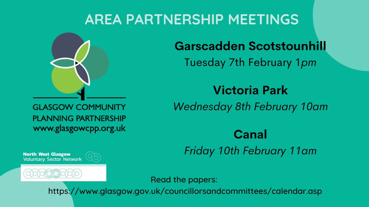 We have a busy week again of <a href="/GlasgowCPP/">Glasgow Community Planning Partnership</a> Area Partnerships in  #NorthWestGlasgow.  

Interested in seeing what we'll be discussing - just click the meeting links on the <a href="/GlasgowCC/">Glasgow City Council</a> meetings calendar
glasgow.gov.uk/councillorsand…

#GarscaddenScotstounhill #VictoriaPark #Canal