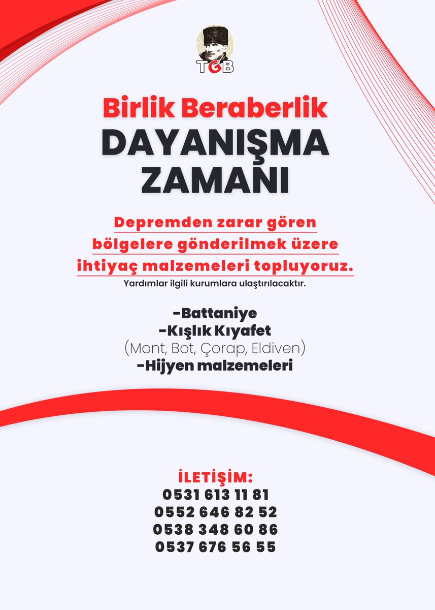 BİRLİK VE DAYANIŞMA ZAMANI

Depremden zarar gören bölgelere gönderilmek ve ilgili kurumlara ulaştırılmak üzere ihtiyaç malzemeleri topluyoruz.

Malzemeleri TGB İl Merkezlerine ulaştırabilirsiniz.

0531 613 11 81 - 0552 646 82 52
0538 348 60 86 - 0537 676 56 55
#deprem #türkiye