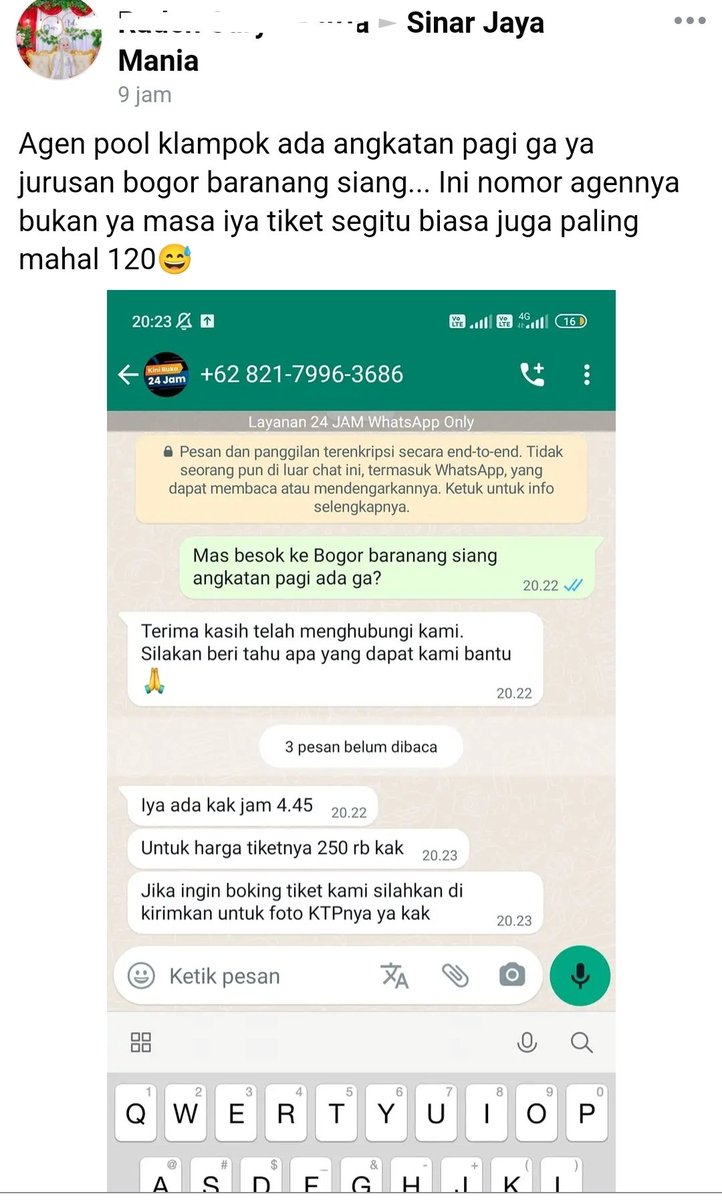 Sendernya cari nomer agen pool sinar jaya klampok di QnA gmaps, untungnya cross cek lagi di grup sinar jaya mania dan dijawab langsung oleh SJG 03 bahwa itu modus penipuan

no wa penipunya baru lagi