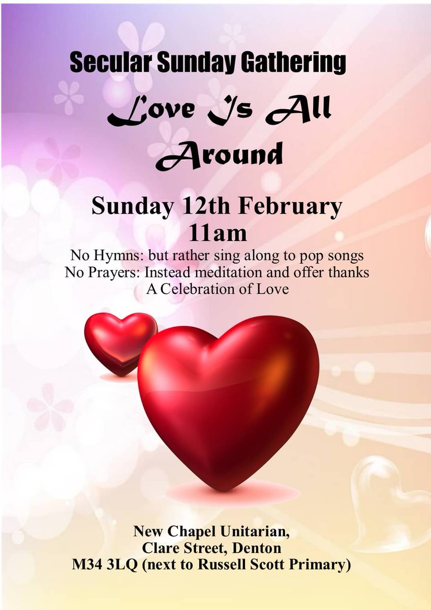 Join me this Sunday for a Secular Sunday gathering, a celebration of love. No hymns, no prayers, just a celebration @your_tameside @MyTamesideUK @newsintameside @tamesideradio @marzy120 @dcc_re @DCC_News