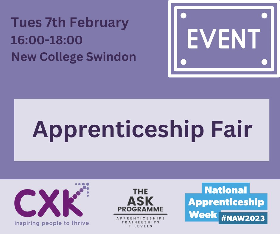 What’s on in the South this #NAW2023…
New College Swindon Apprenticeship Fair, Tues 7th Feb 4pm-6pm, North Star Campus - eventbrite.co.uk/e/apprenticesh…