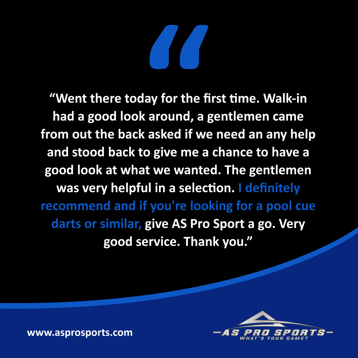 ASProSports's tweet photo. Another 5 Star review! Thank you for the kind words.

We're passionate about what we do and are always on hand to offer advice.

#ASProSports #shoplocal #sportsequipment #pool #snooker #5star #customerfeedback https://t.co/0aDJG7fPRw