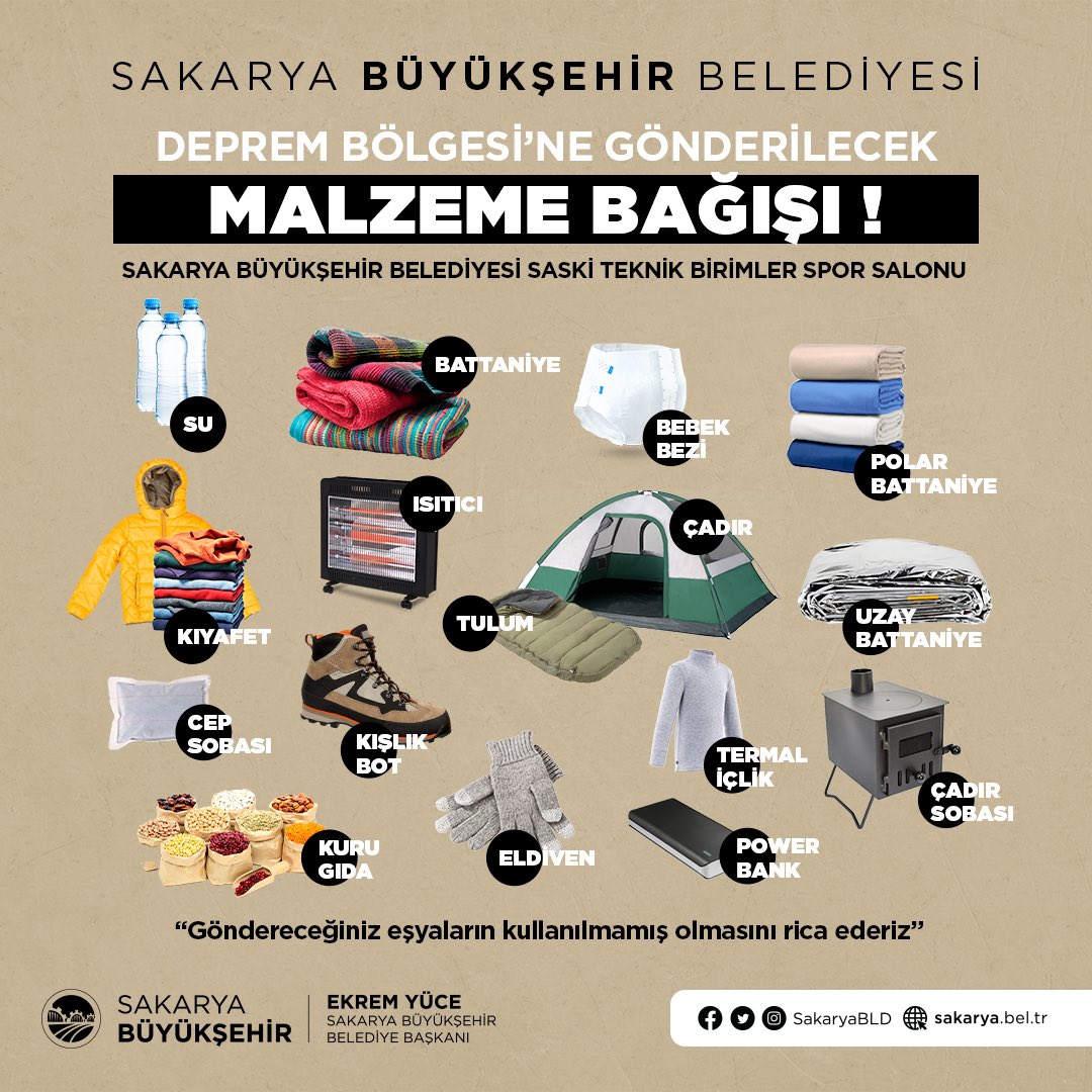 Sakaryabld's tweet photo. ⚠️ Yardım tırı için; Hijyen malzemesi, battaniye, kışlık kullanılmamış giysi, su, kuru gıda, uyku tulumu, çadır, ısıtıcı gibi malzemeler toplanıp gönderilecektir. ⚠️

⏰13.30
📍SASKİ Teknik Birimler (Uçak Kıraathanesi Karşısı)
👉🏼Konum
https://t.co/vXYwnkUtc7

#GeçmişOlsunTürkiyem https://t.co/6dDZYZ49bc